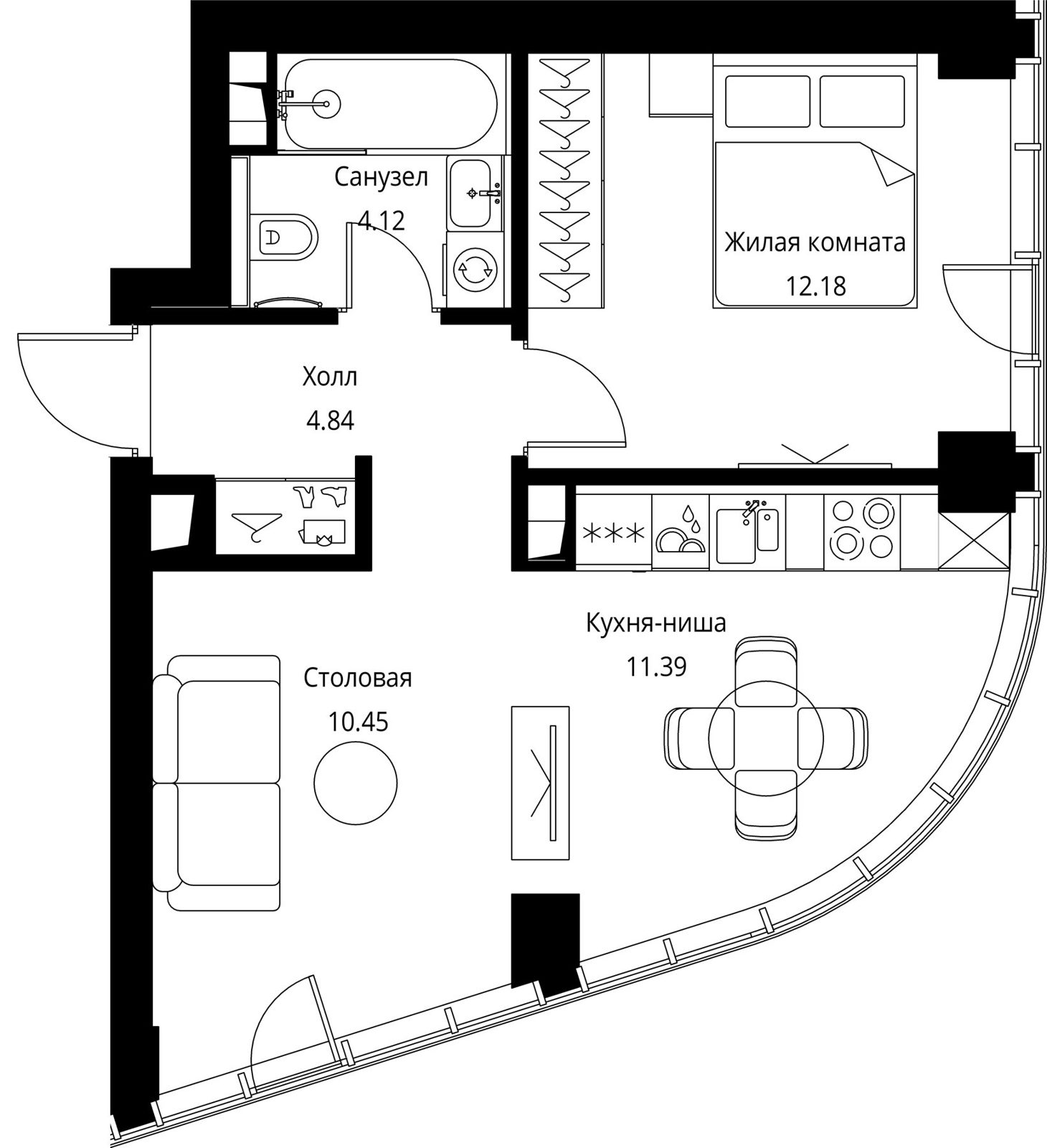 1-комнатная квартира, 43 м²