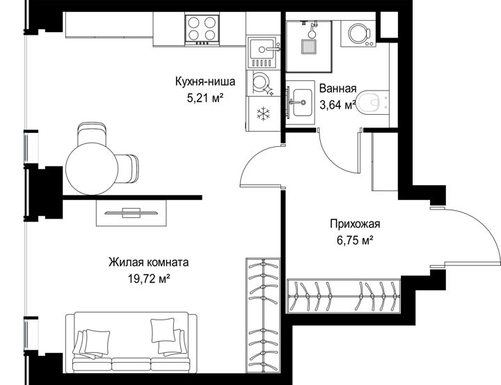1-комнатная квартира, 35,3 м² — фото 1