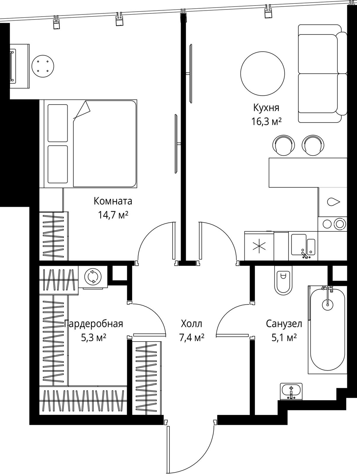 1-комнатная квартира, 48,8 м²