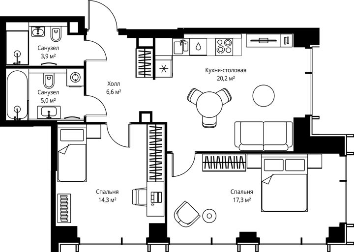 2-комнатная квартира, 67,3 м²