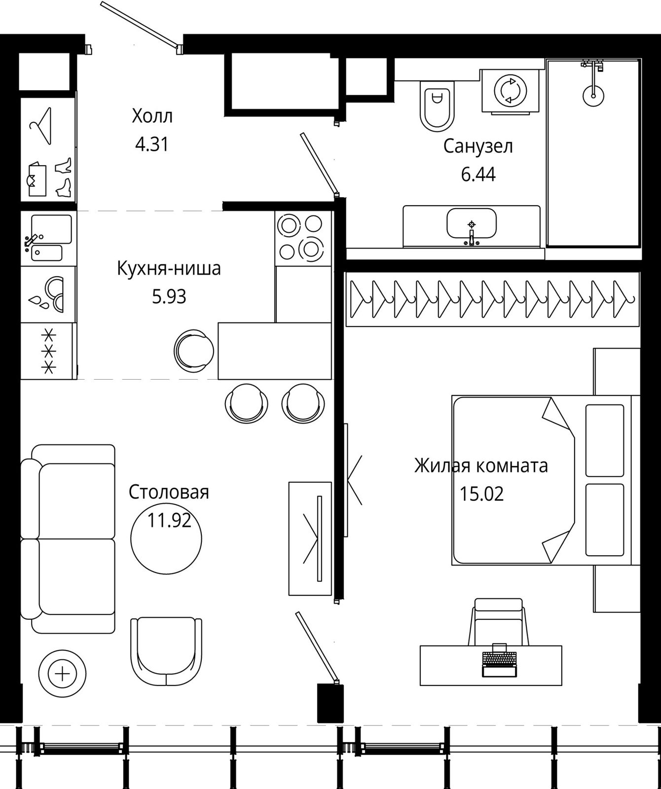 1-комнатная квартира, 43,8 м²