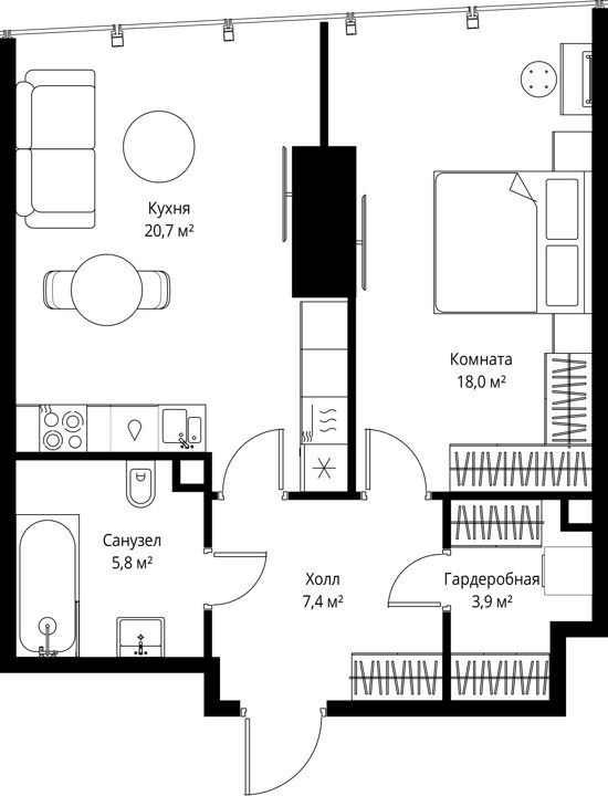 1-комнатная квартира, 55,8 м² — фото 1