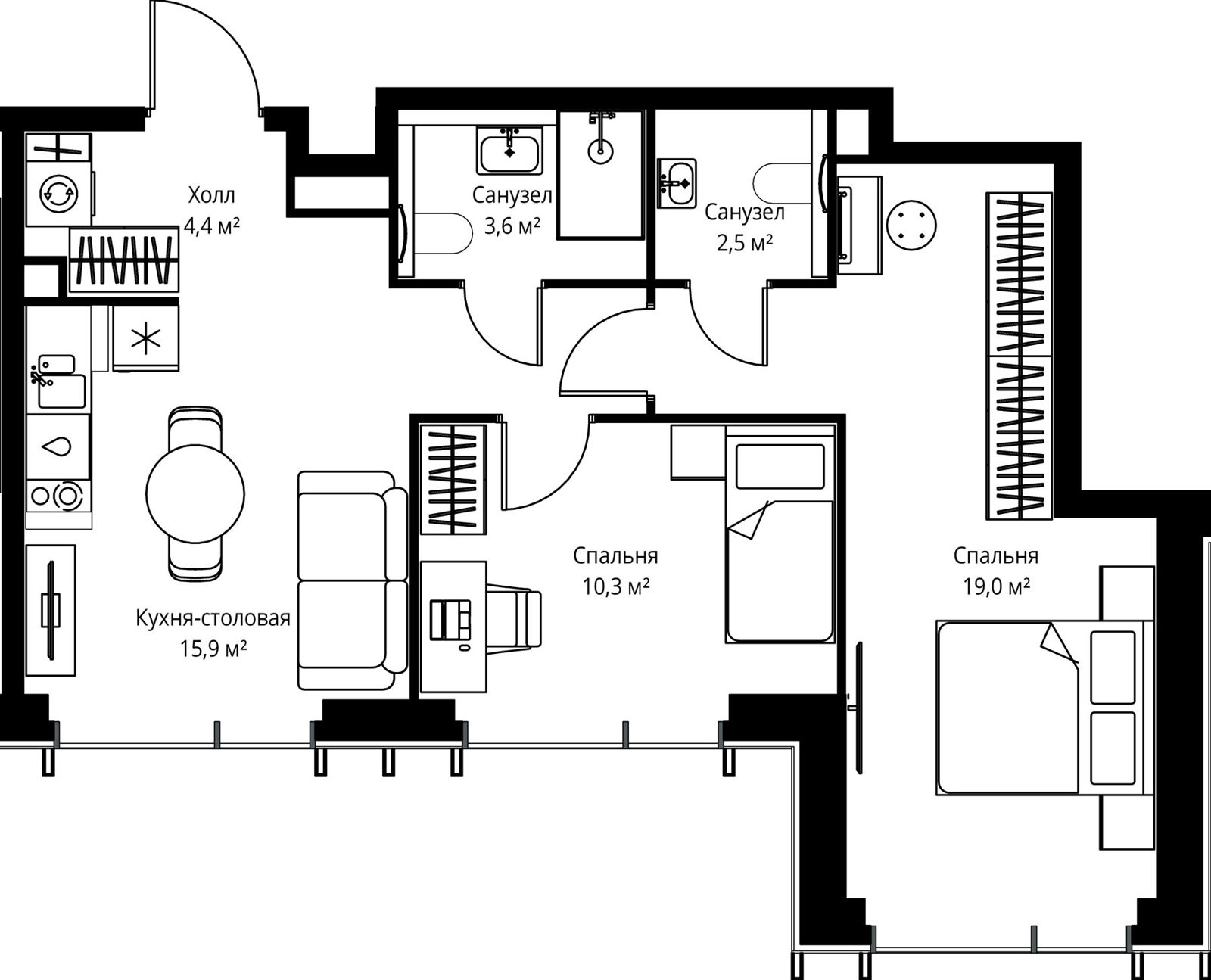 2-комнатная квартира, 55,7 м²