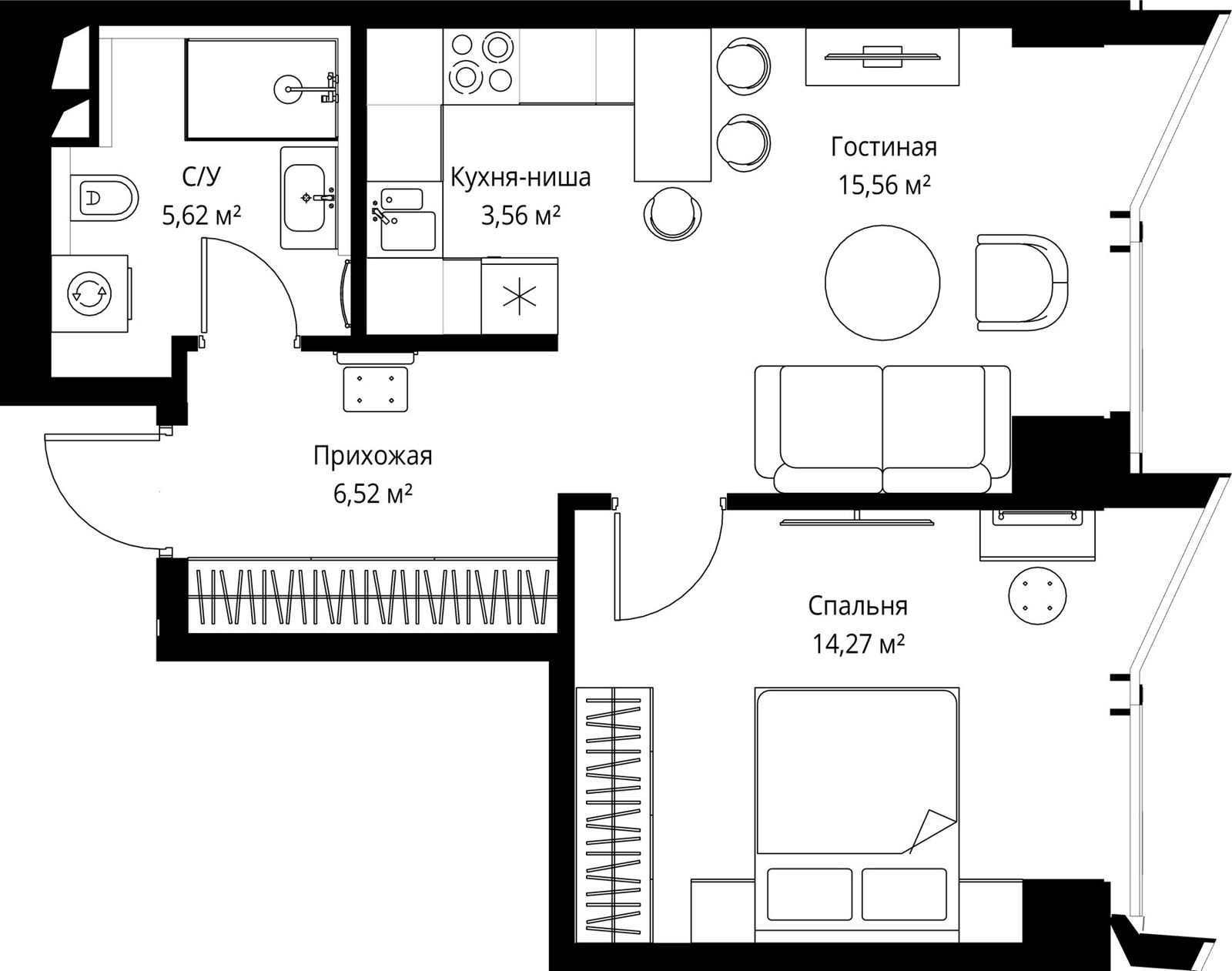 1-комнатная квартира, 45,6 м²