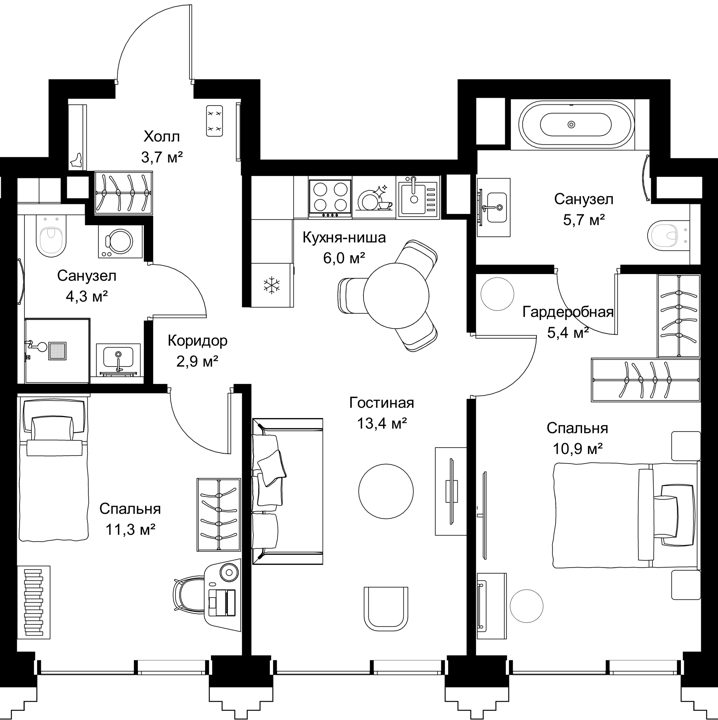 2-комнатная квартира, 63,6 м²