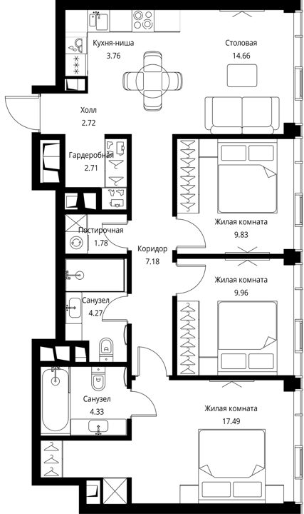3-комнатная квартира, 78,7 м² — фото 1