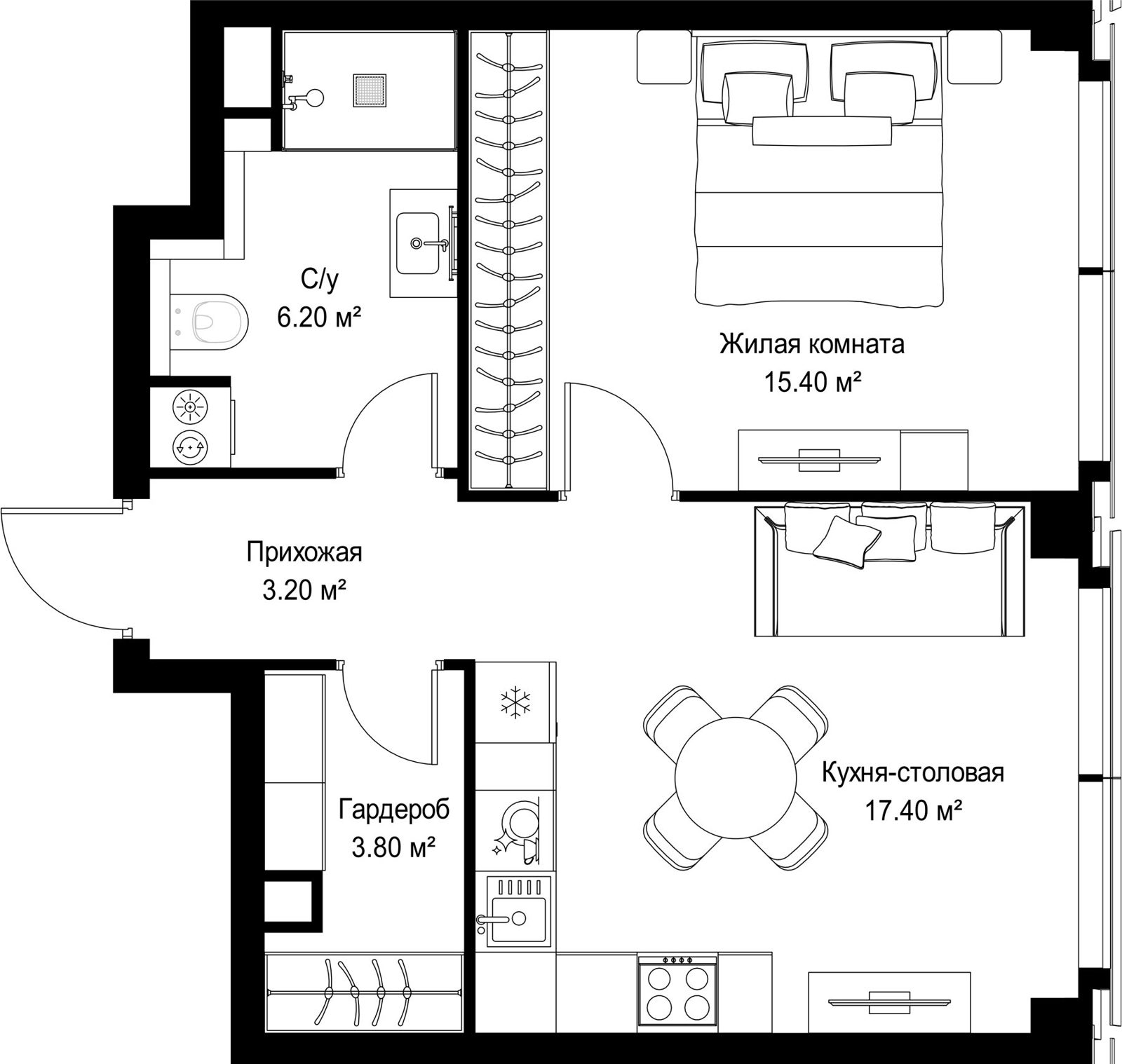 1-комнатная квартира, 46 м²
