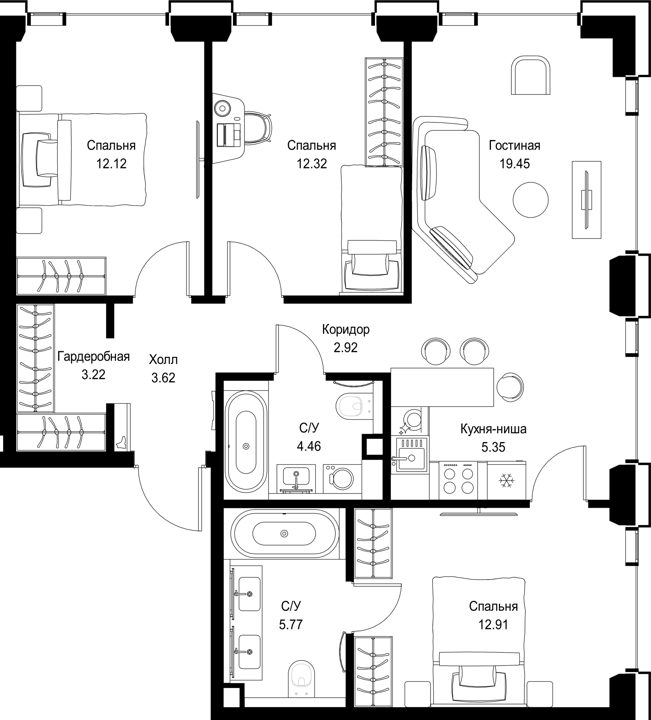 3-комнатная квартира, 82,1 м²