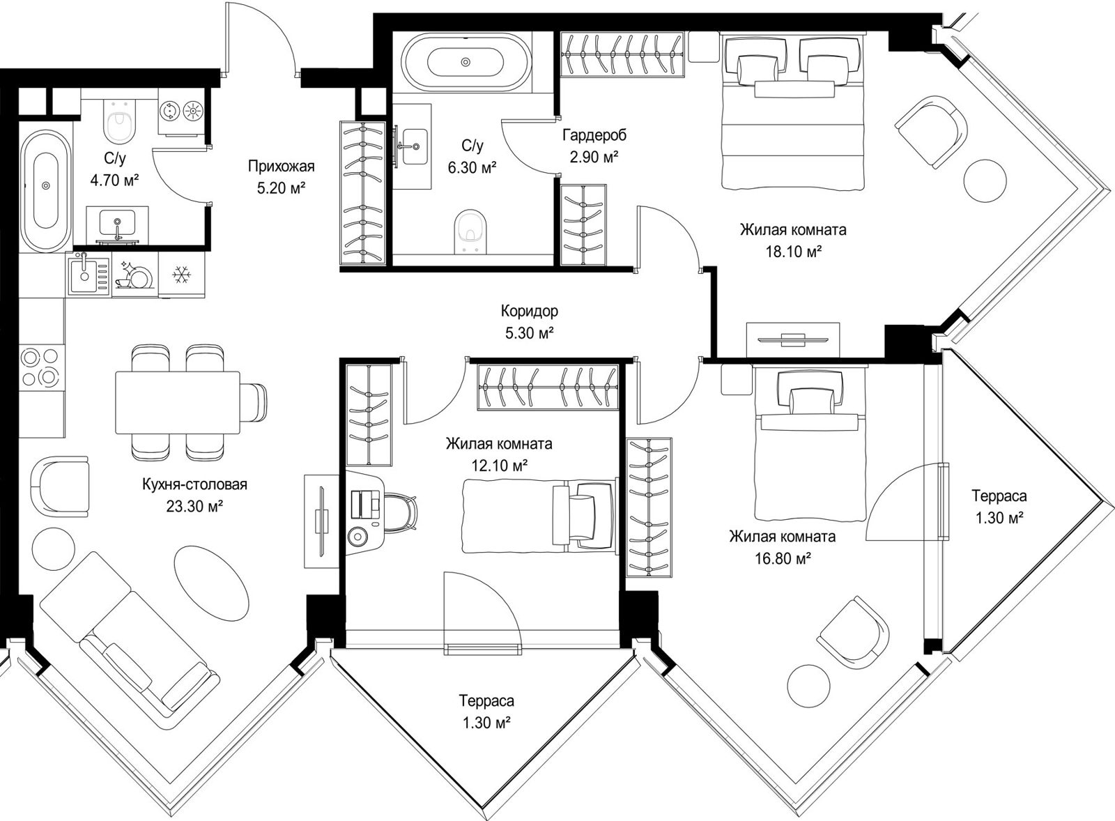 3-комнатная квартира, 97,3 м²