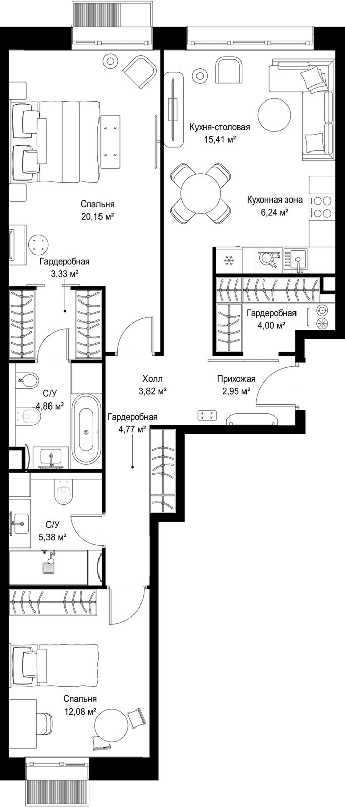 2-комнатная квартира, 83 м²
