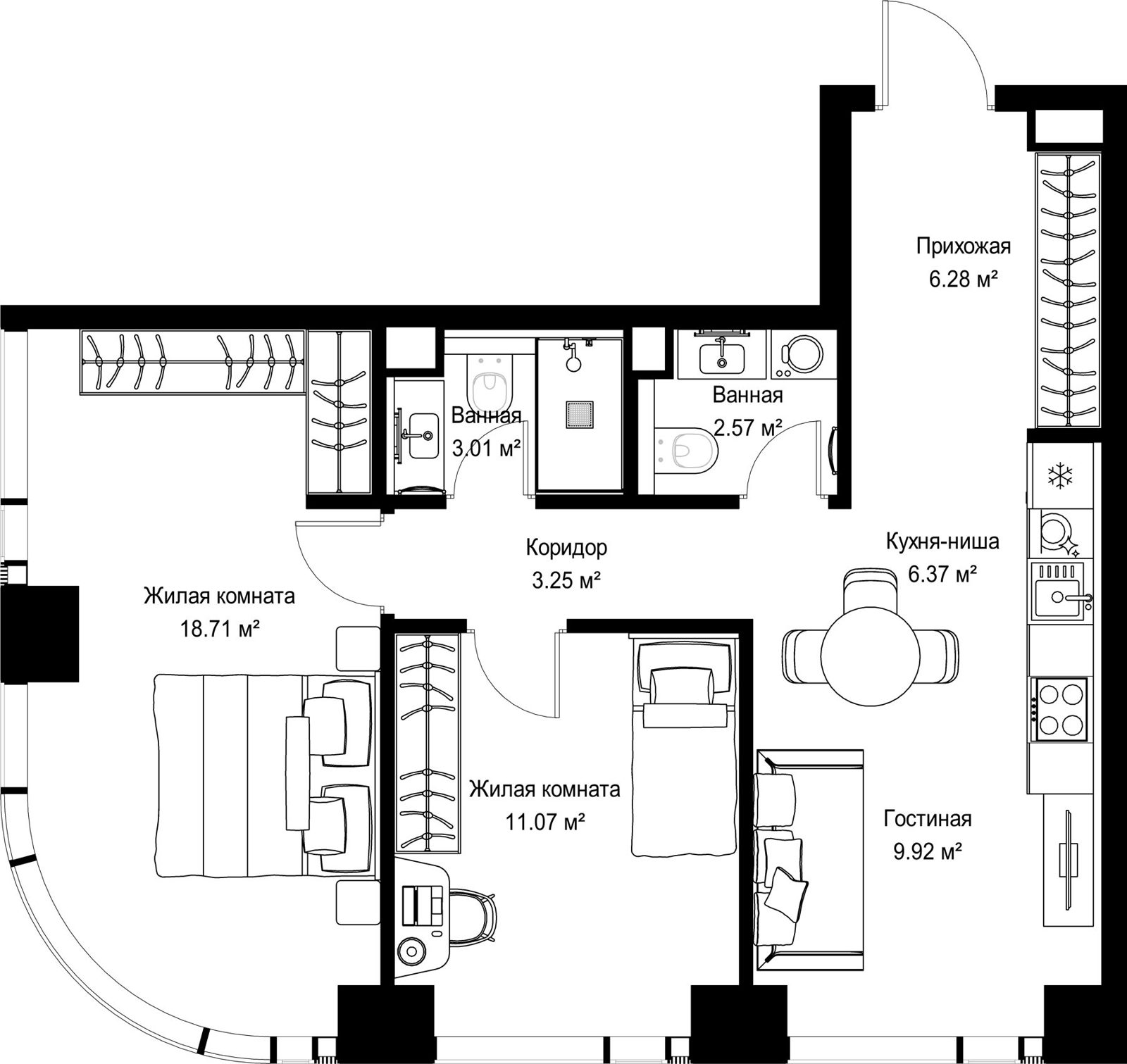 2-комнатная квартира, 61,2 м²