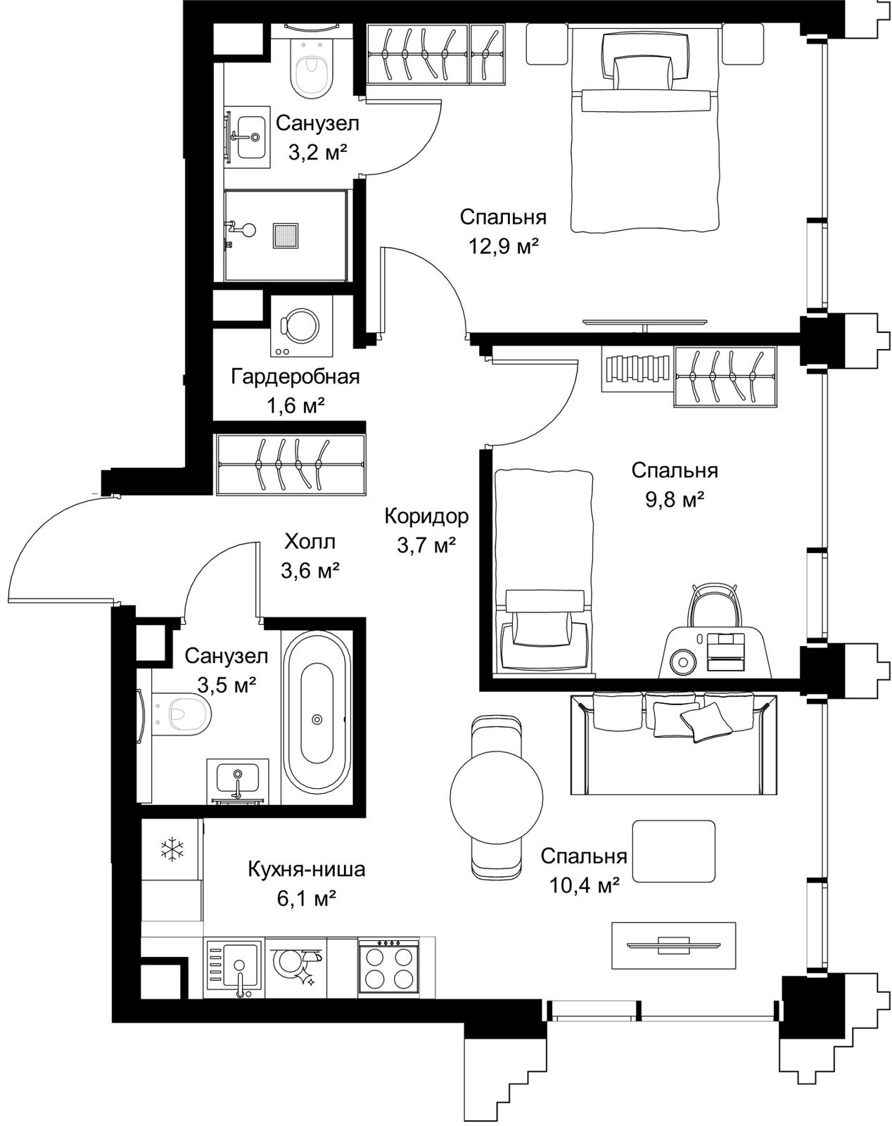 2-комнатная квартира, 54,8 м²