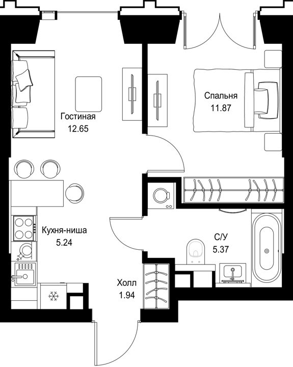 1-комнатная квартира, 37,1 м²