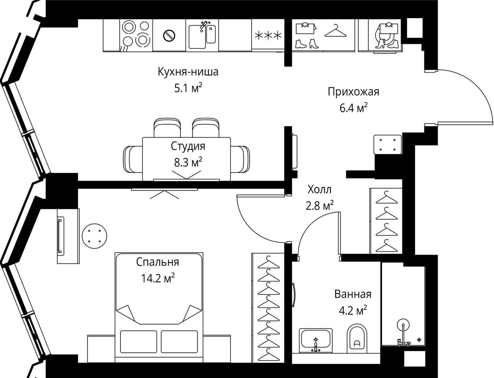 1-комнатная квартира, 41 м²