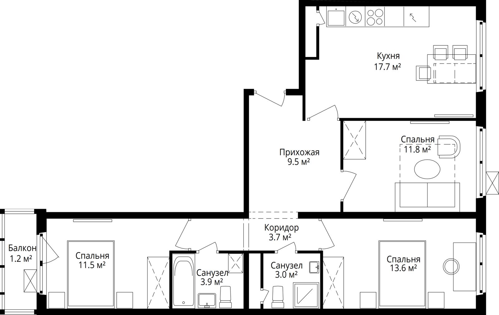 3-комнатная квартира, 75,9 м²