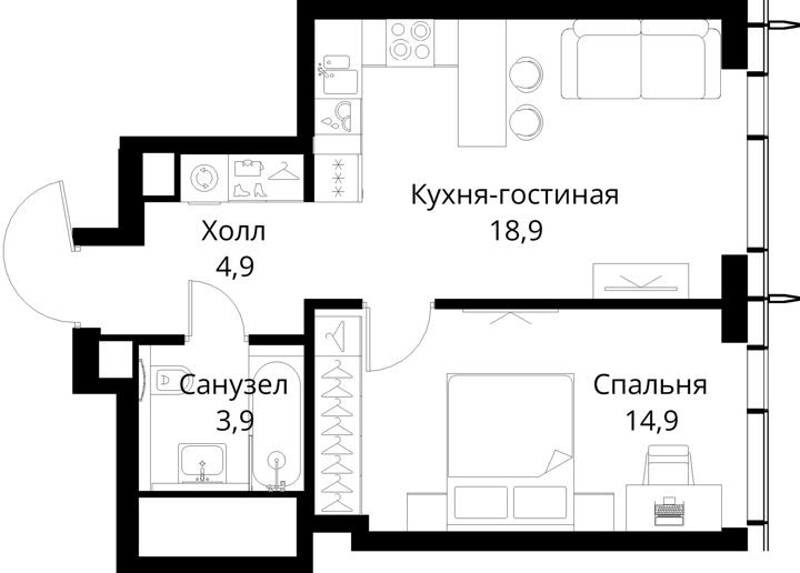 1-комнатная квартира, 42,6 м² — фото 1