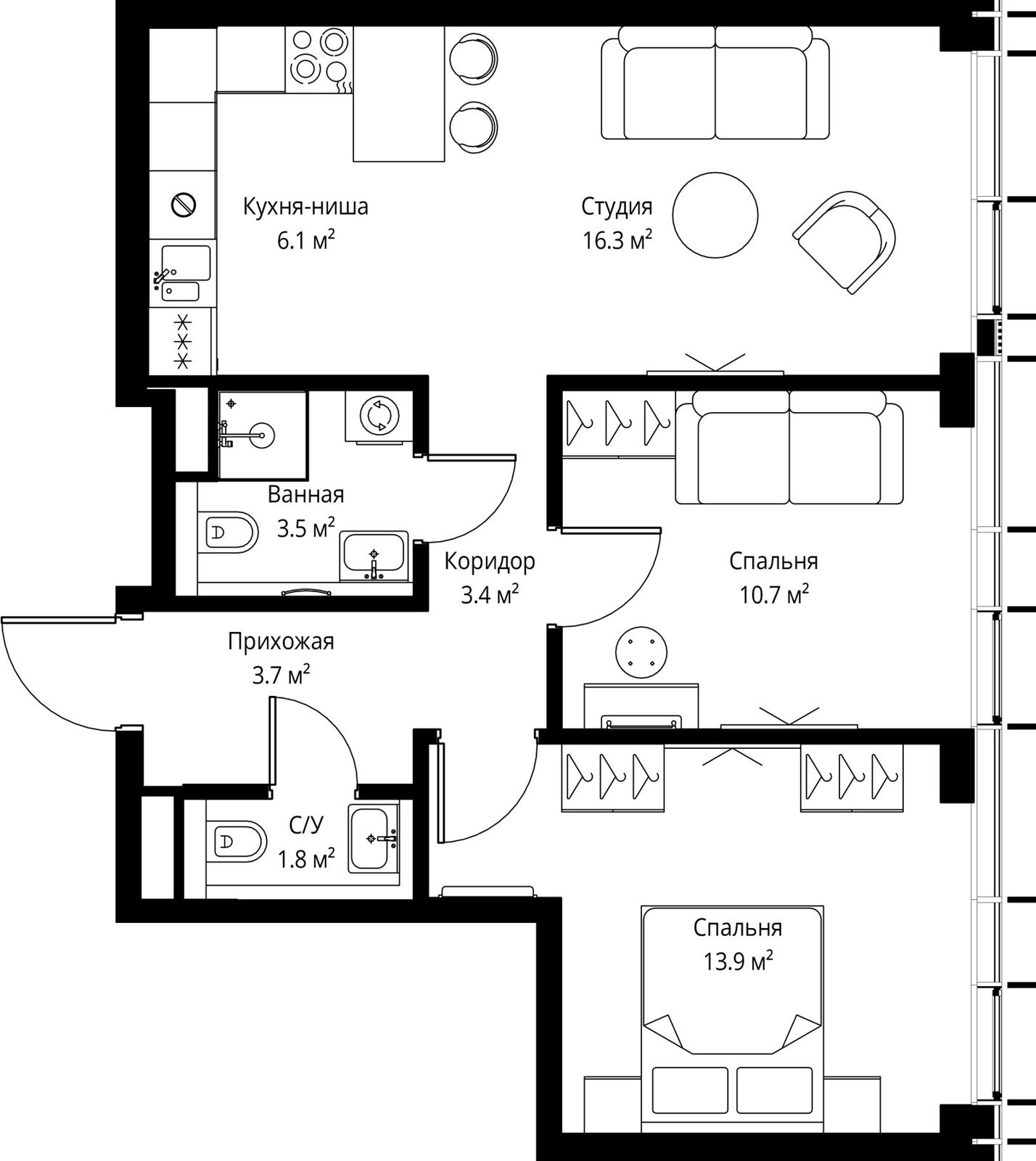 2-комнатная квартира, 59,4 м²