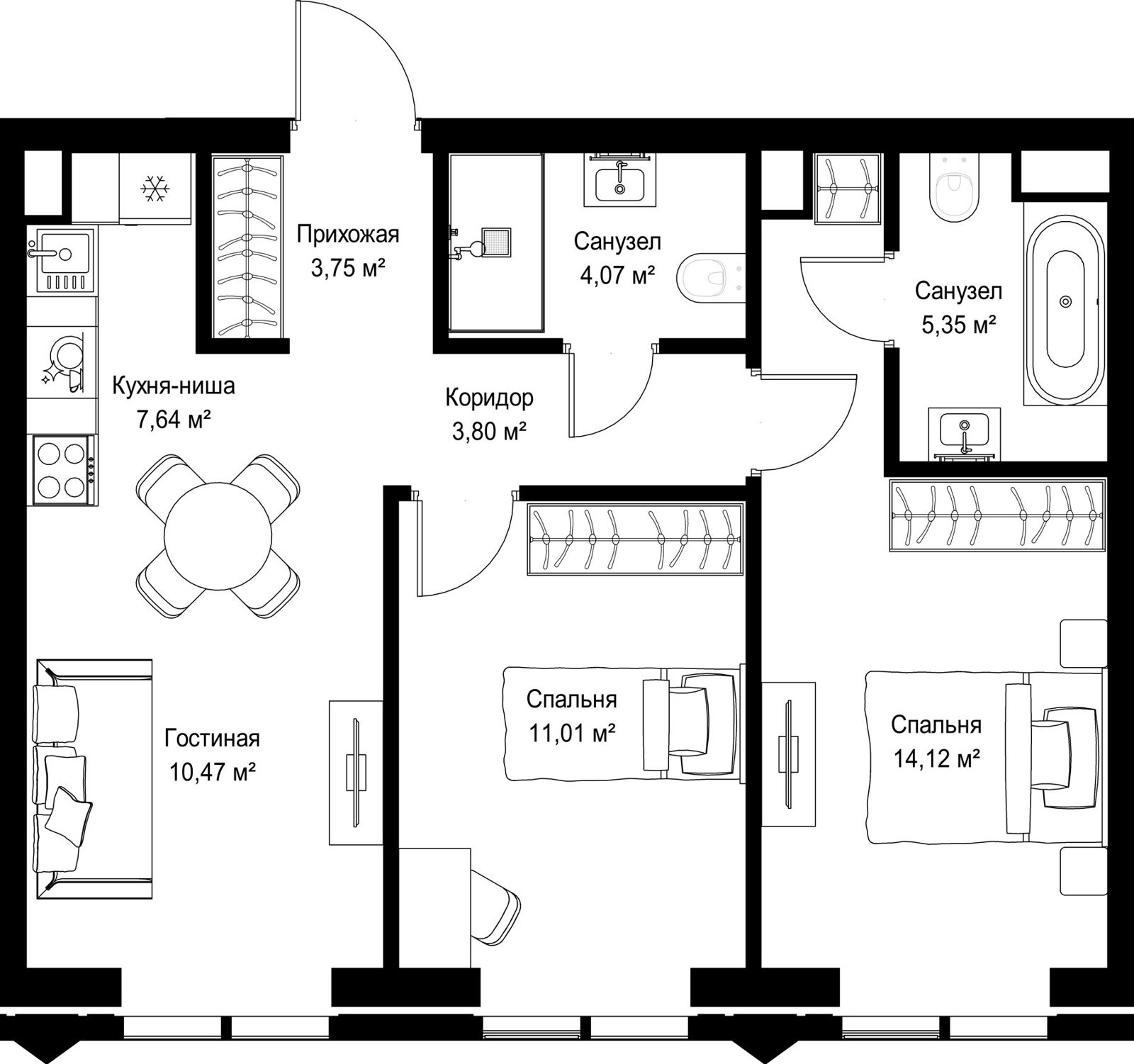 2-комнатная квартира, 60,2 м²