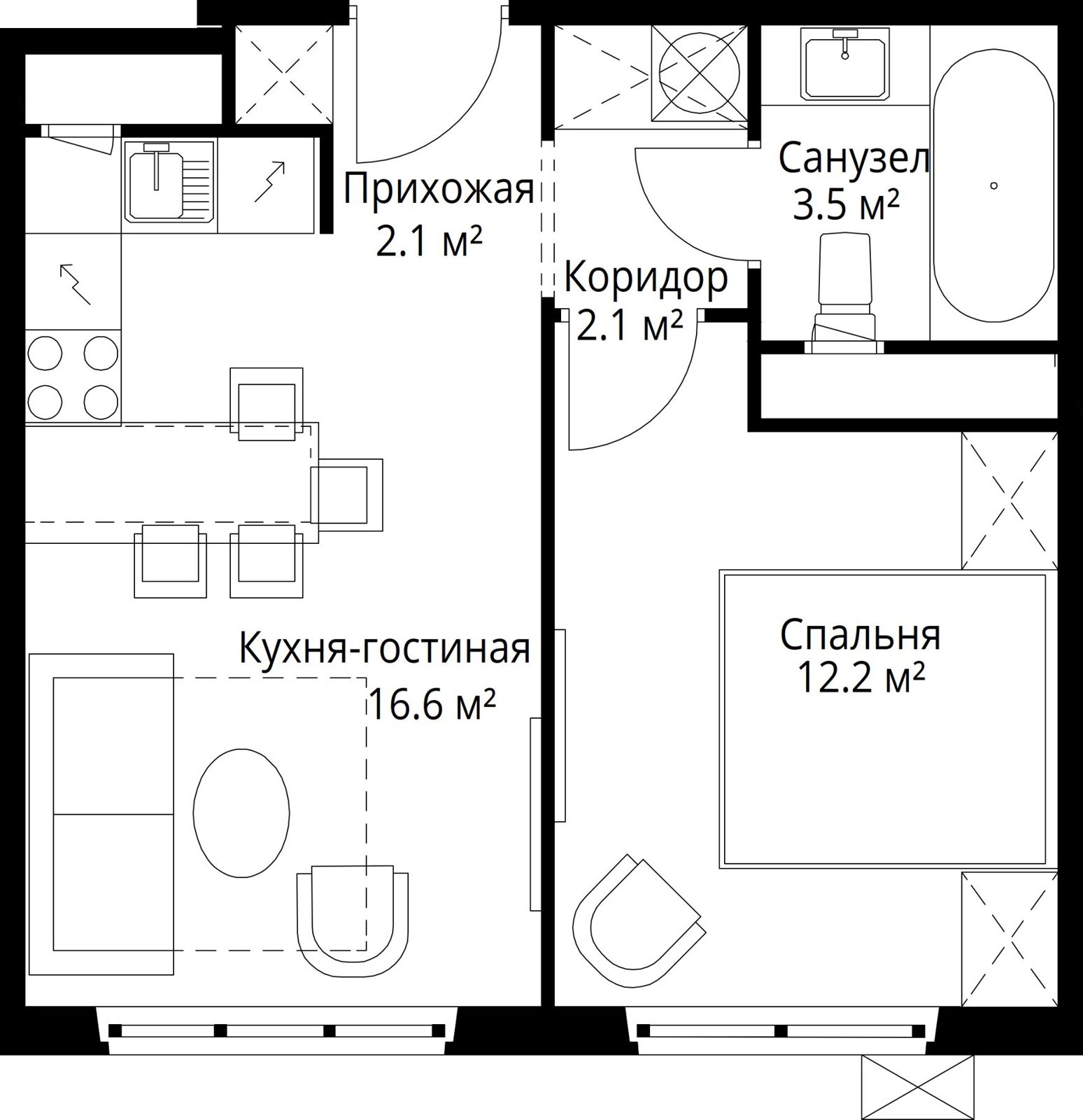 1-комнатная квартира, 36,5 м²