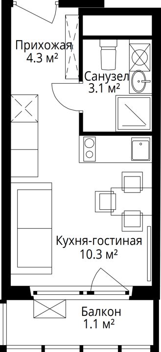 Квартира-студия, 18,8 м² — фото 1