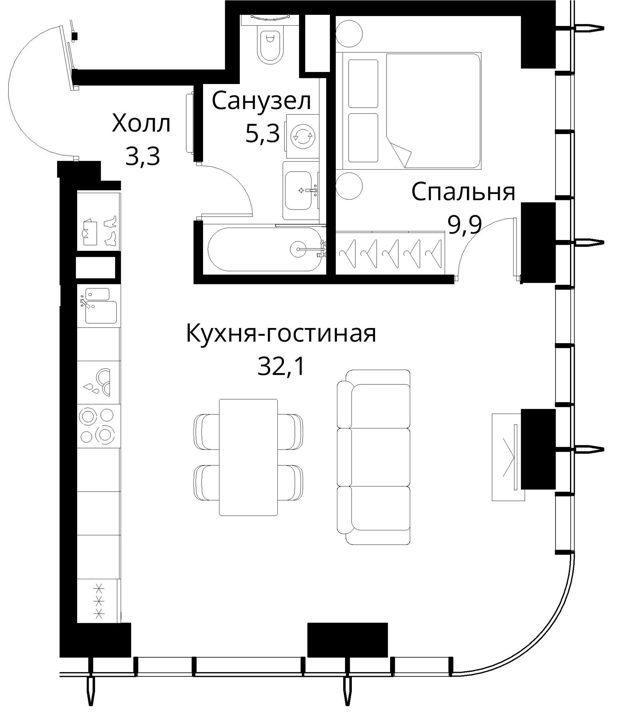 1-комнатная квартира, 50,6 м² — фото 1