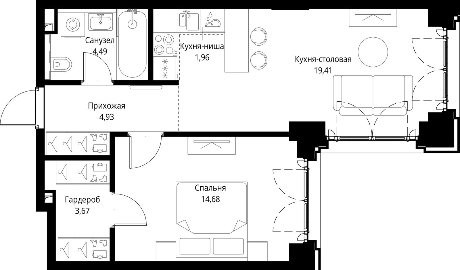 1-комнатная квартира, 49,1 м²