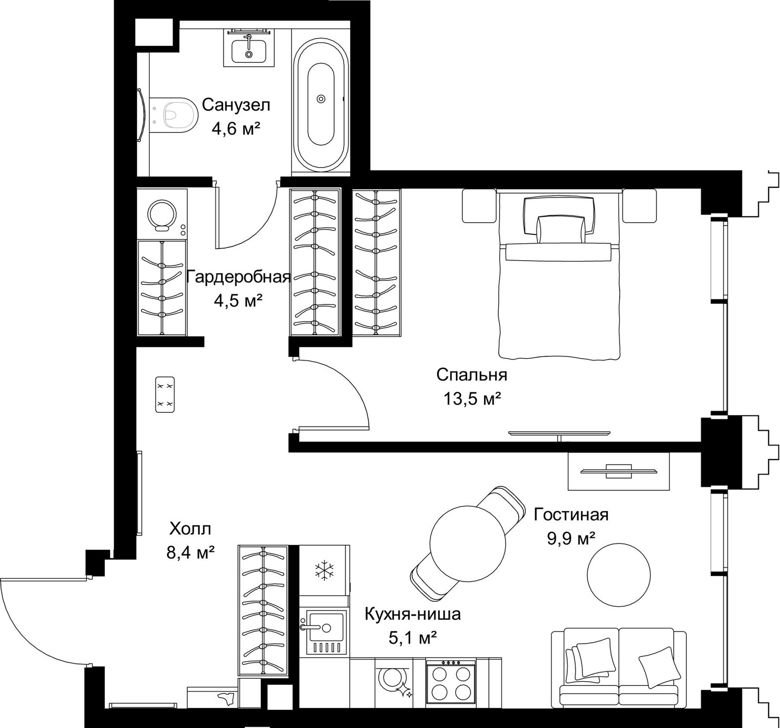 1-комнатная квартира, 46 м²