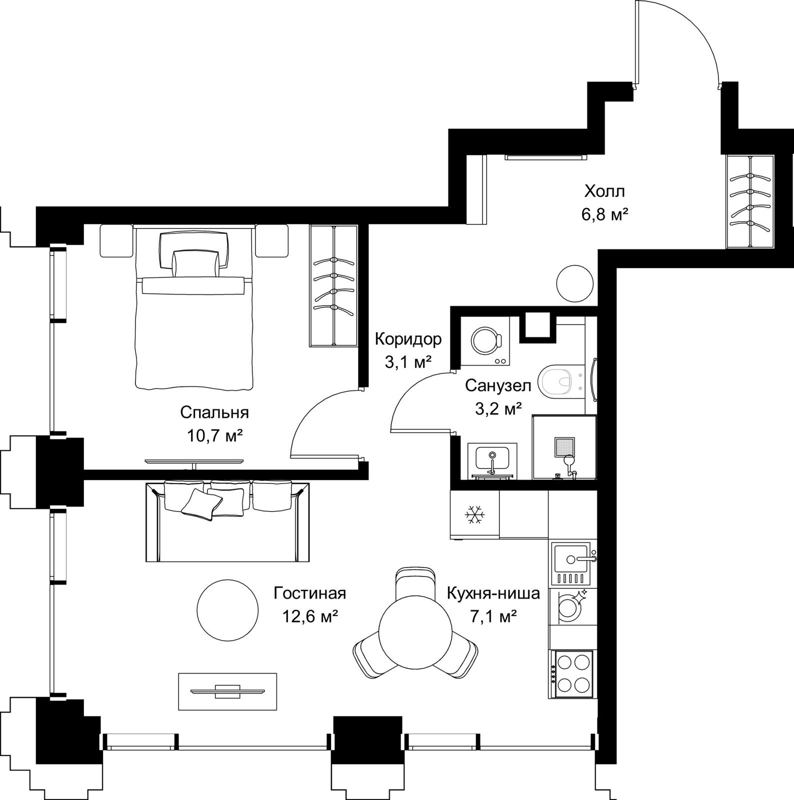 1-комнатная квартира, 43,5 м²