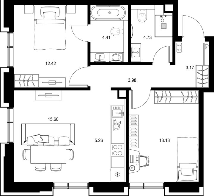 2-комнатная квартира, 62,7 м² — фото 1