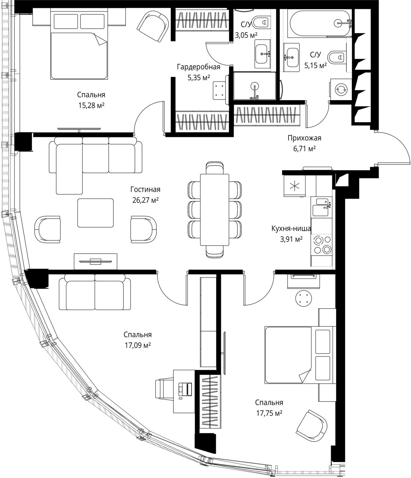 3-комнатная квартира, 100,4 м²