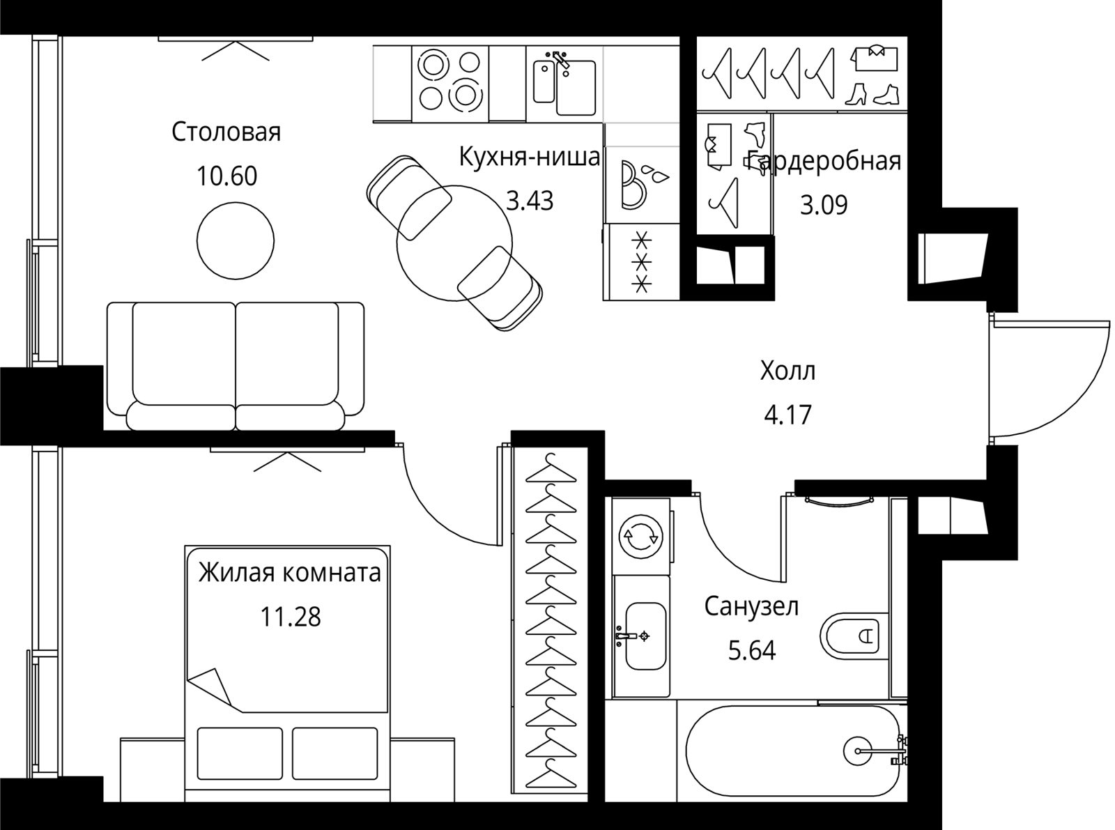 1-комнатная квартира, 38,2 м²
