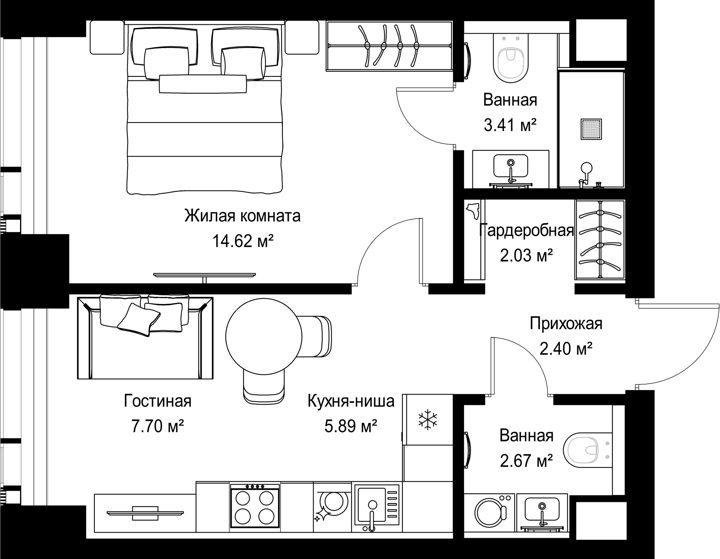 1-комнатная квартира, 38,7 м²