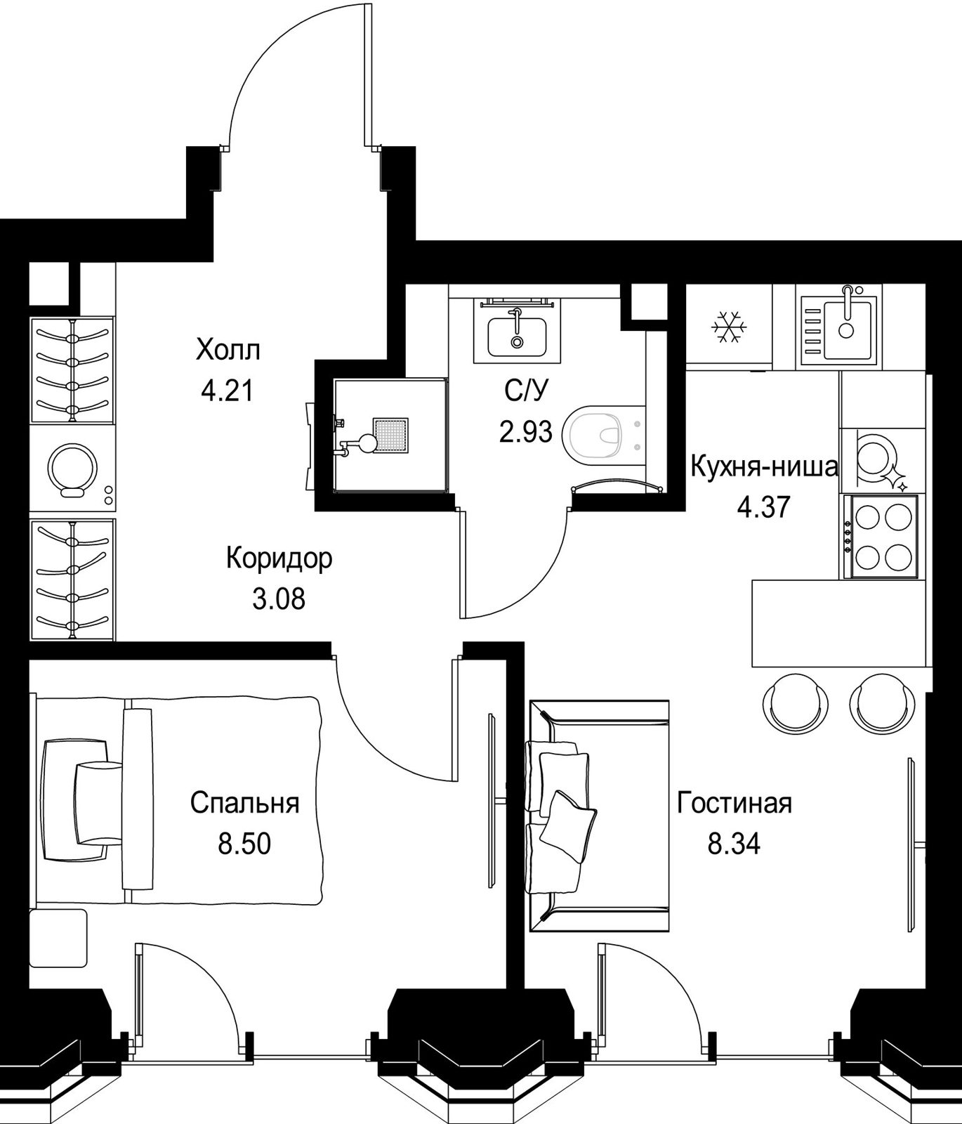 1-комнатная квартира, 30,8 м²