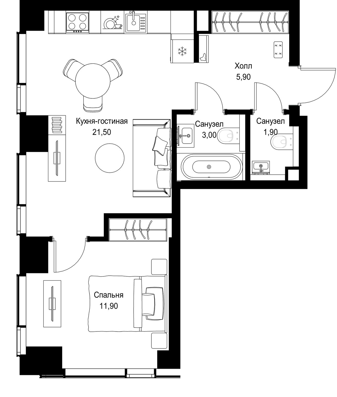 1-комнатная квартира, 44,2 м²
