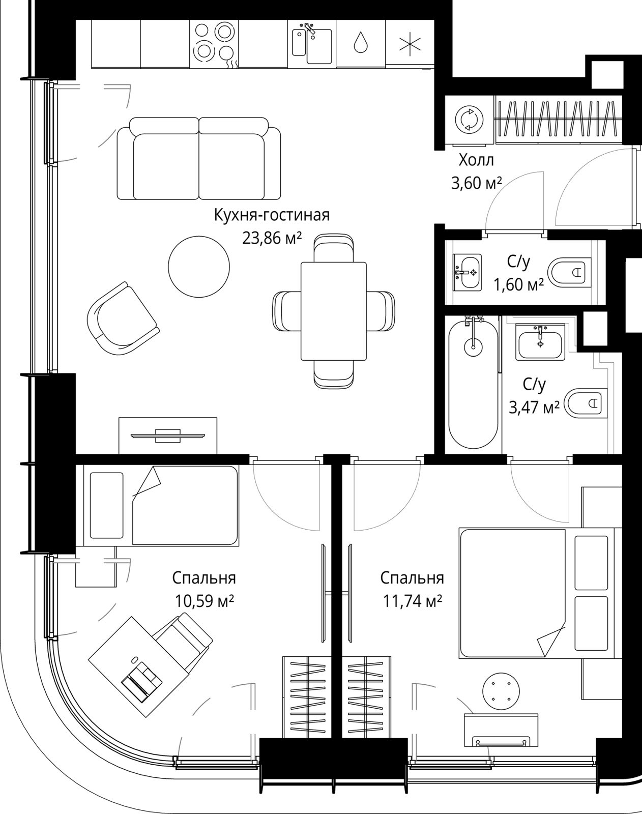 2-комнатная квартира, 54,2 м²