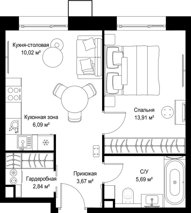 1-комнатная квартира, 42,2 м² — фото 1