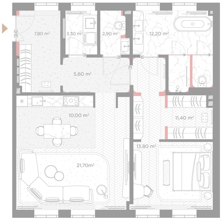1-комнатная квартира, 88,7 м²