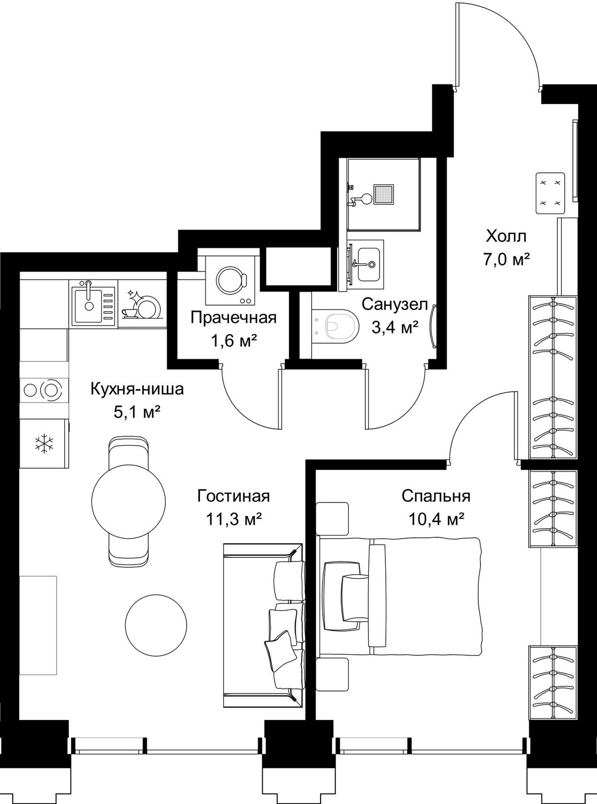 1-комнатная квартира, 42 м²