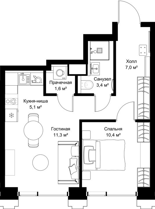 1-комнатная квартира, 42 м²