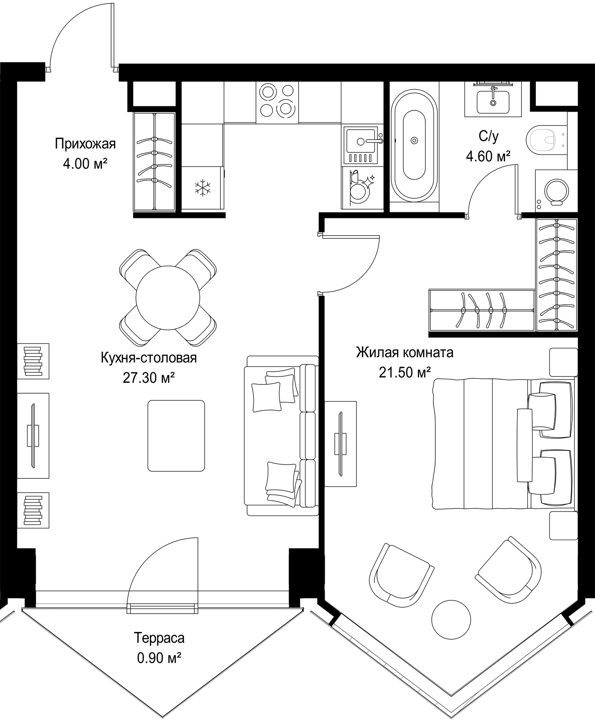 1-комнатная квартира, 58,3 м²