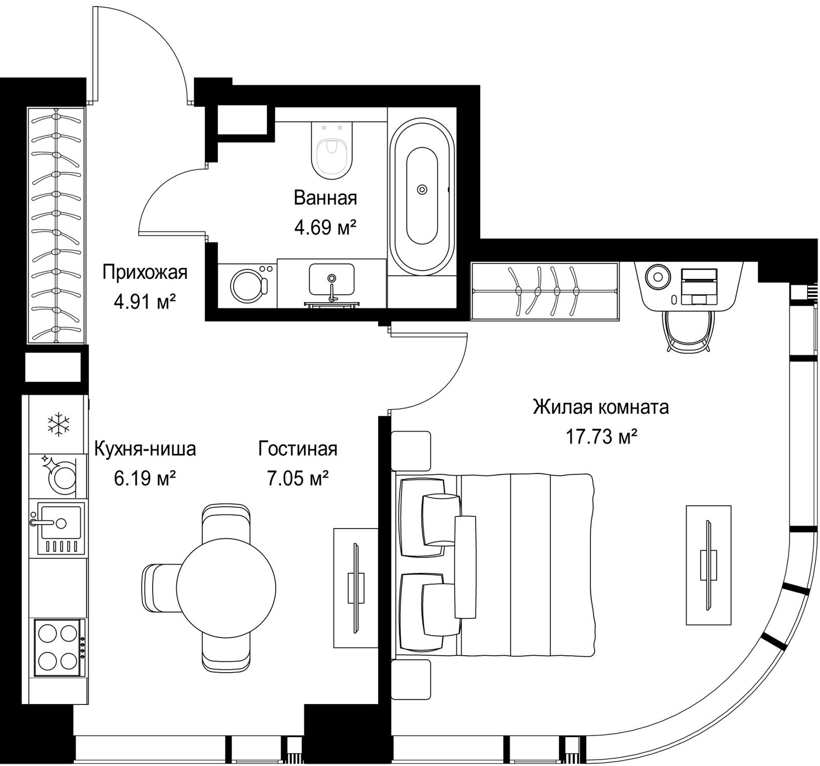 1-комнатная квартира, 40,6 м²