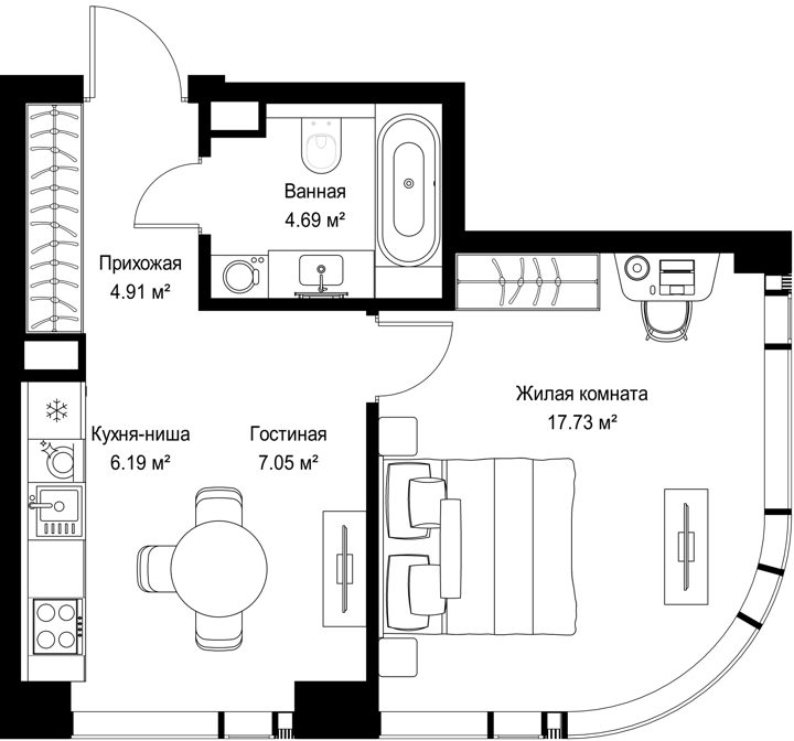 1-комнатная квартира, 40,6 м²