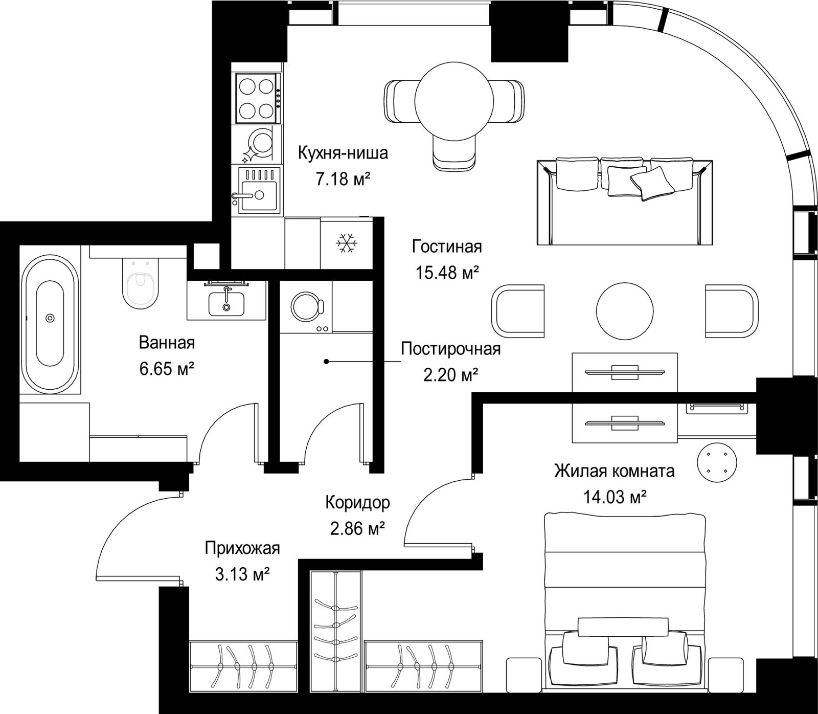 1-комнатная квартира, 51,5 м²