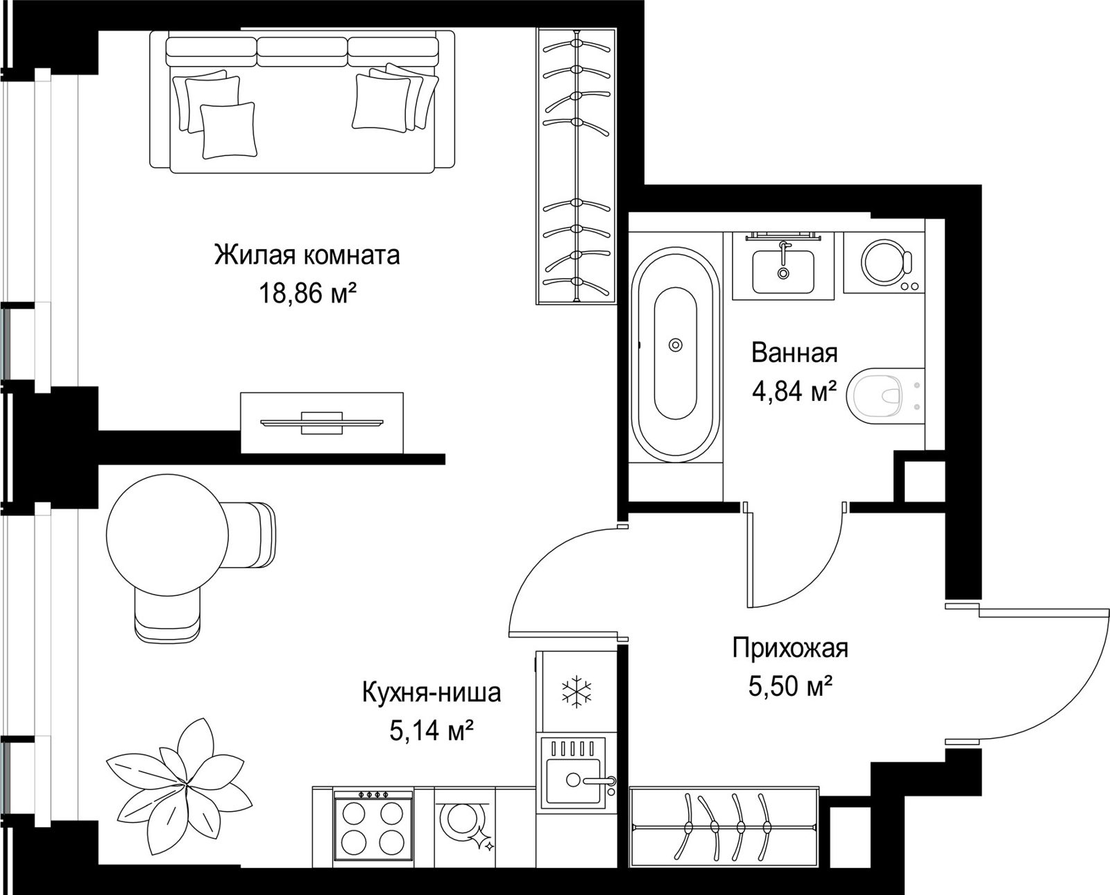 1-комнатная квартира, 34,3 м²