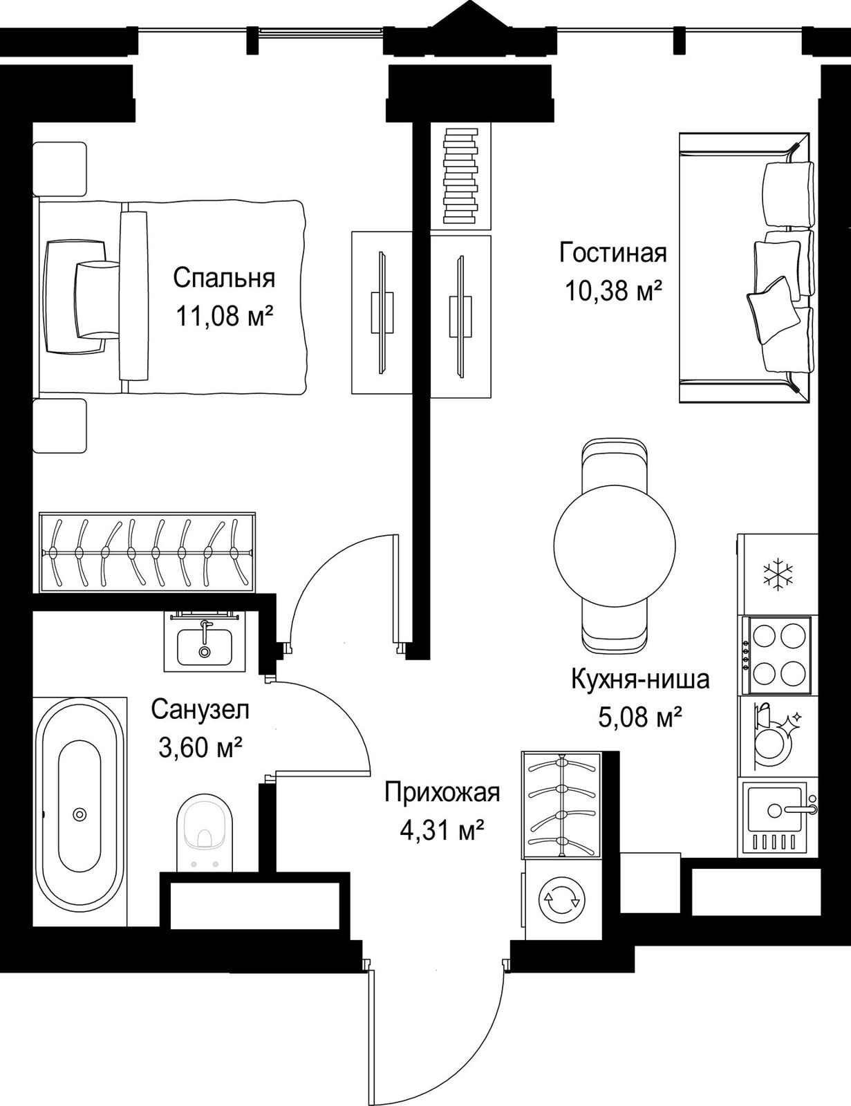 1-комнатная квартира, 34,5 м²