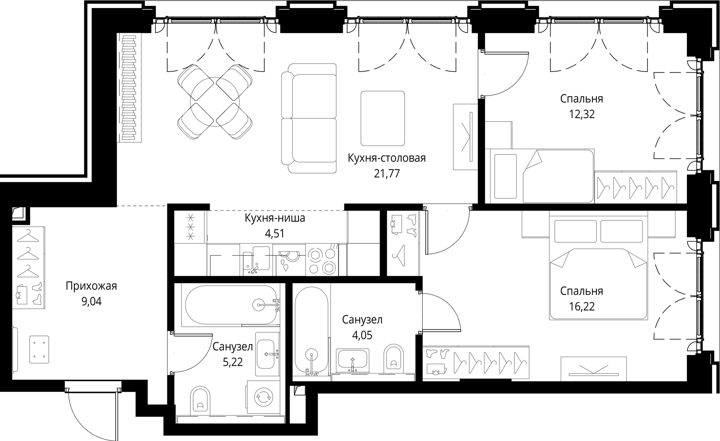 2-комнатная квартира, 73,1 м² — фото 1