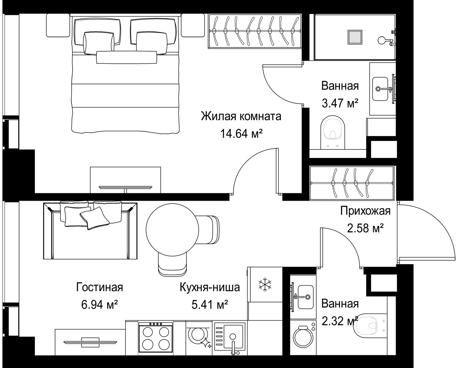 1-комнатная квартира, 35,4 м²