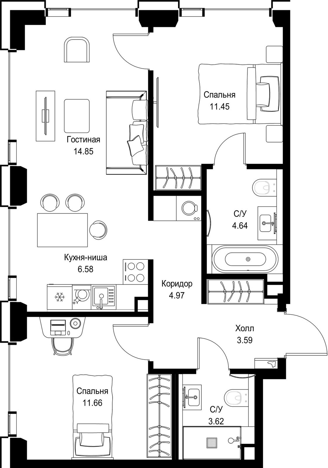 2-комнатная квартира, 61,4 м²
