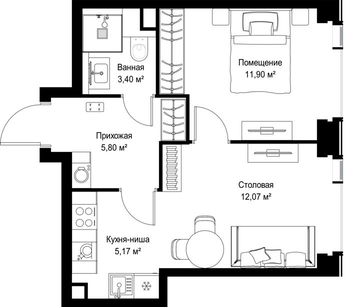 1-комнатная квартира, 38,3 м² — фото 2