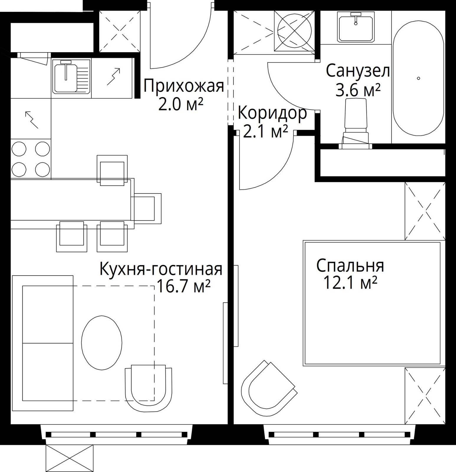 1-комнатная квартира, 36,5 м²
